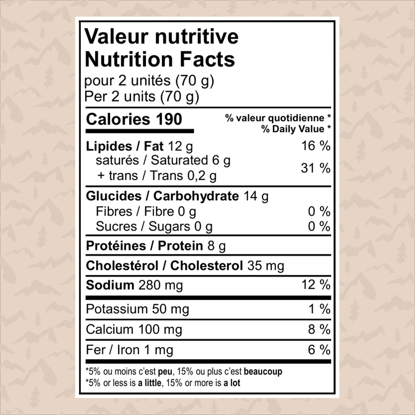 Tableau de valeur nutritive – tourtons chèvre (portion 70 g), données caloriques et fibres