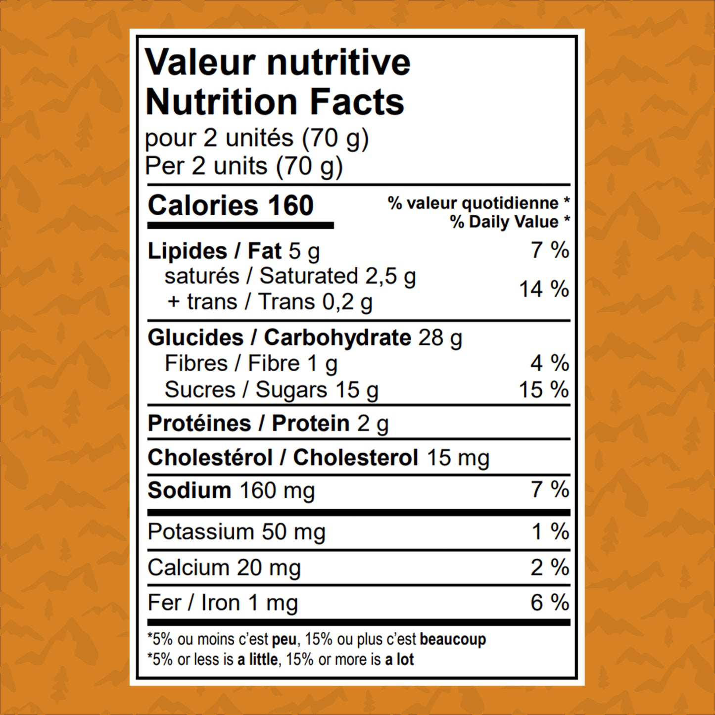 Valeur nutritive – tourtons à la pomme (2 unités, 70 g, 160 kcal), détails lipides, glucides, protéines