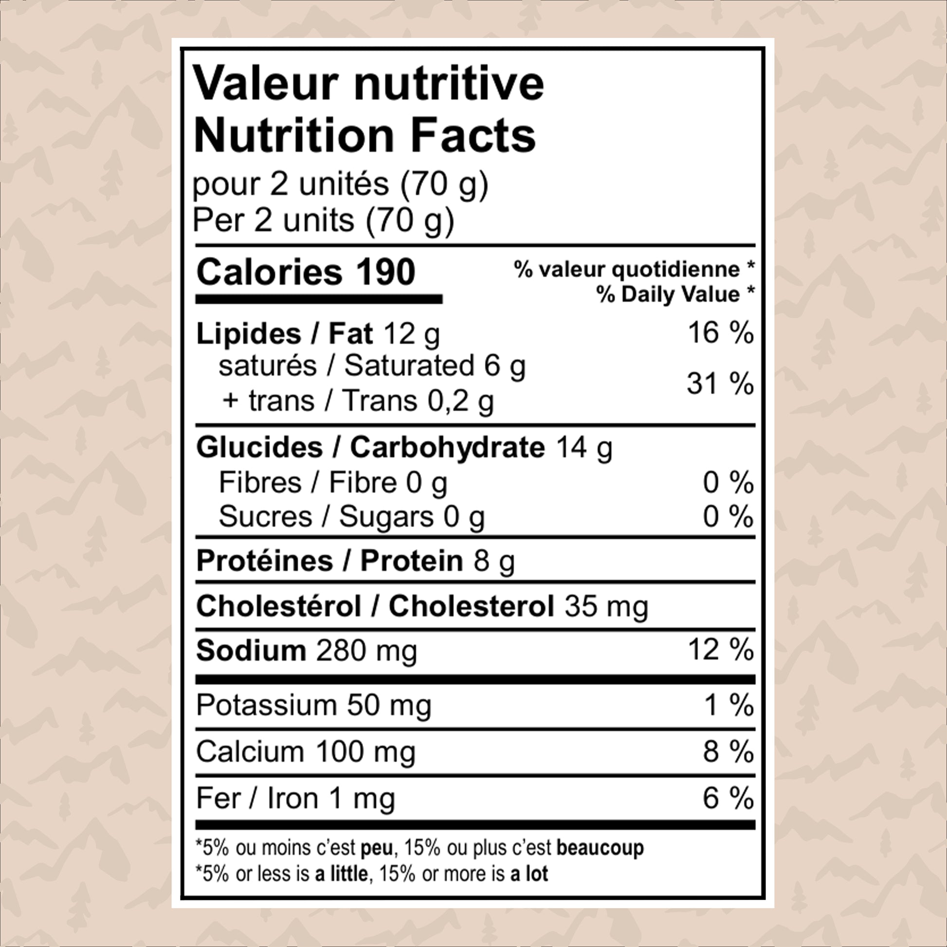 Tableau de valeur nutritive – tourtons chèvre (portion 70 g), données caloriques et fibres