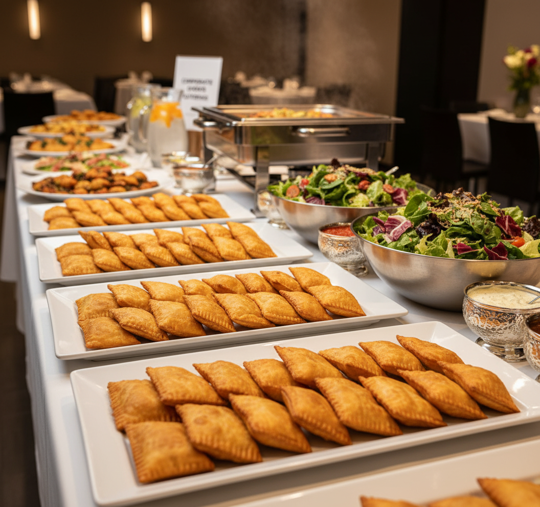 Professional catering spread with tourtons